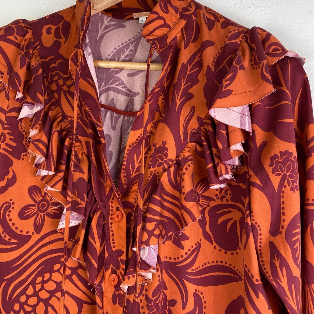 Johanna Ortiz Dreams Of Orient Ruffle Bib Blouse Red Orange Size 4 - Picture 10 of 16